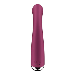 Satisfyer Spinning G-Spot är en lila, cylindrisk vattentät vibrator med en rundad spets och silverbas, designad för exakt G-punktsstimulering.