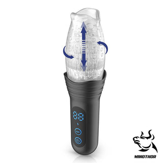 Subaz Masturbator 360° Rotation är en genomskinlig mansleksak med digitala kontroller, pilar som visar rörelse, kraftfulla vibrationer för extra njutning och Minothor-logotypen i nedre högra hörnet.