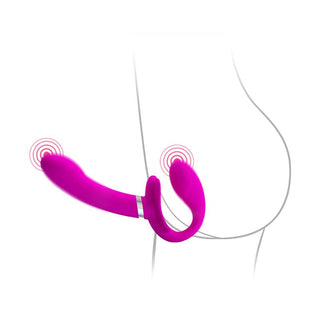 Illustration av PrettyLove Valerie Strapon, en rosa bandlös vibrator som visas på en enkel kontur av en underkropp, vilket framhäver dess unisexdesign.