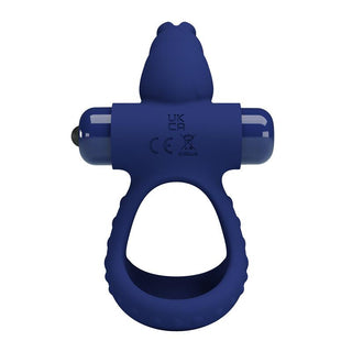 Kaninformad Cockring med Vibration är en blå silikonring med texturerad yta, dubbla ringar penis pung och avtagbar kula på toppen - idealisk som en par sexleksak.