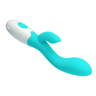 PrettyLove Brighty Rabbitvibratorn är en turkos och vit vibrator tillverkad av kroppssäker silikon, med en böjd design och kontrollknappar för exakt G-punktsstimulering.