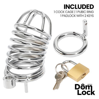 Kyskhetsband i silvermetall med bur, basring, hänglås och två nycklar; styv design för säker användning.