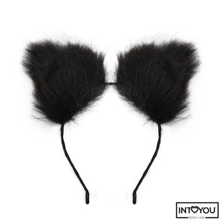 Intoyou BDSM Cosplay Set 4 Delar har ett svart pannband med stora, fluffiga svarta kattöron - perfekt för lekfullt cosplay eller rollspel. INTOYOU-logotypen visas i det nedre högra hörnet.