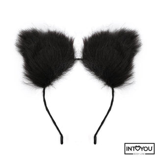 Intoyou BDSM Cosplay Set 4 Delar har ett svart pannband med stora, fluffiga svarta kattöron - perfekt för lekfullt cosplay eller rollspel. INTOYOU-logotypen visas i det nedre högra hörnet.