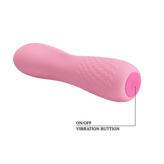 Pretty Love Alice Mini Vibrator är en rosa, vattentät vibrator tillverkad av silikon av medicinsk kvalitet med en märkt på / av-vibrationsknapp vid basen.