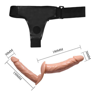 Svart dubbeländad strap-on i silikon med justerbar sele, visas med mått i millimeter.