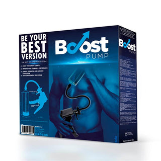 Boost Erektions Pump-förpackningen har en robust manlig torso med detaljerade produktbilder som framhäver dess kraft och effektivitet.
