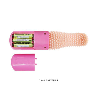 Rosa texturerad bullet-vibrator av silikon, visas öppen med 3 AAA-batterier inuti.