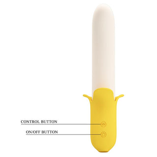 Bananformad vibrator i vit och gul silikon med märkta reglage och synlig stötmekanism.