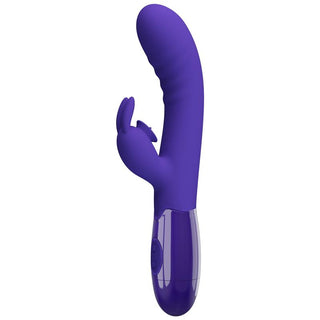 Cerberus Licking Rabbitvibrator är en lila silikonvibrator med ett böjt skaft för G-punktsstimulering och ett mindre klitorisstimulansfäste.