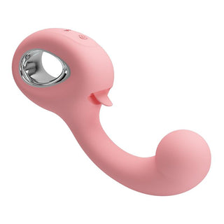 Dubbelvibrator i rosa silikon med metalliskt ringhandtag och rundad spets.