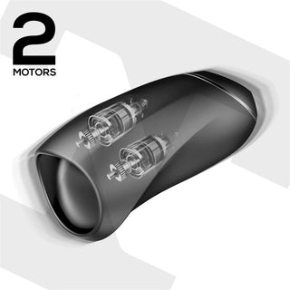 Svart Oralsex Masturbator Tardenoche har en transparent sektion som visar två interna motorer för vibration och sug. Texten "2 MOTORS" visas längst upp till vänster och framhäver intensiv oralsexstimulering.