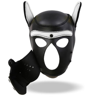 Intoyou Neoprene Hundmask är en svartvit mask med spetsiga öron och stora ögon- och munöppningar, perfekt för valplek eller BDSM-fans.