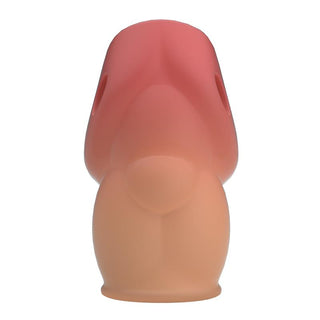 Elastisk TPR-penishylsa med stiliserad svampform och röd-beige gradientdesign.
