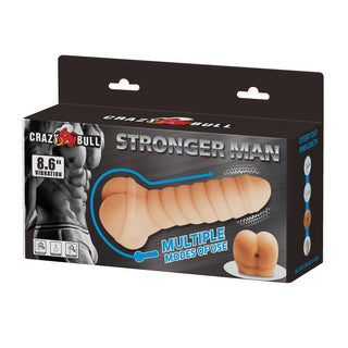 Pretty Love Stronger Man penishylsa i klar silikon, visas i förpackning med produktbilder och instruktioner.