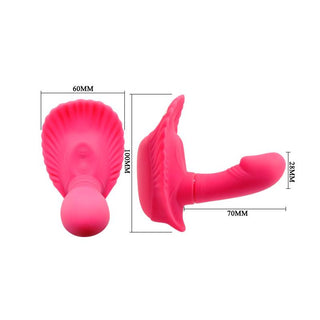 Rosa silikonvibrator med snäckskalsinspirerad design, visad från två vinklar med millimetermått synliga.
