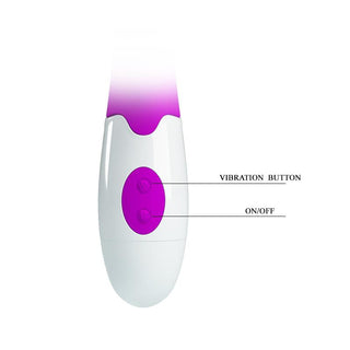 PrettyLove Snappy Purple är en vit och lila handhållen rabbitvibrator med märkta vibrations- och på/av-knappar, utformad för exakt G-punktsstimulering.
