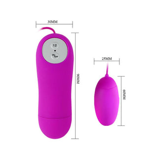 Eunice Vibratorägg i lila är fjärrstyrd och har tydliga mått: 30mm x 110mm för fjärrkontrollen och 25mm x 60mm för ägget.