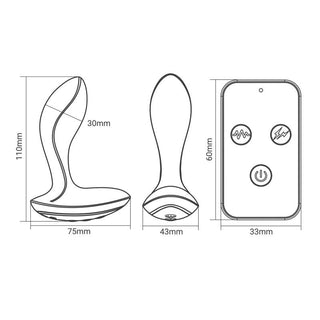 Svart silikonmodell Herrules Prostatamassager Electrostim och trådlös fjärrkontroll, båda med en slät, böjd design. Mått anges.