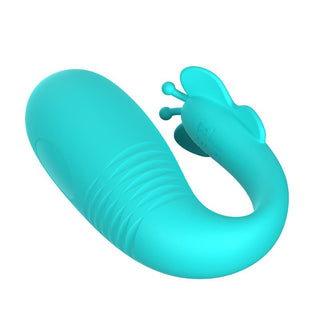 Turkost vibratorägg i silikon med fjärrkontroll, böjd design och dekoration i form av en fjäril.