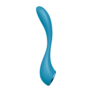 Satisfyer Pro G-Spot Flex 5+ är en blå, S-formad vibrerande enhet med en smidig, ergonomisk design för optimala G-punktsstimulans.