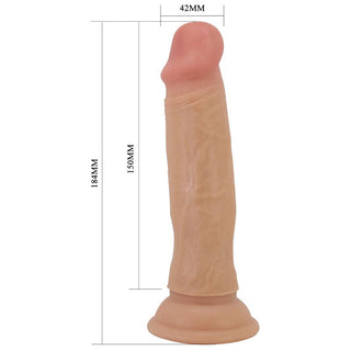 Beige realistisk dildo med flexibel kärna, tillverkad i hudliknande material, 184 mm lång och 42 mm bred.