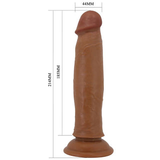 Brun 21 cm dildo med glidande huddesign och sugkoppsbas, 214 mm hög och 44 mm i diameter.