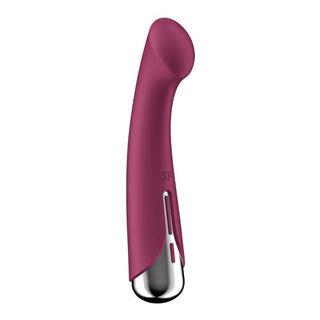 Satisfyer Spinning G-Spot, en rödbrun böjd vibrator med silverbas designad för G-punktsstimulering och intern användning, visas på en vit bakgrund.