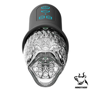 Subaz Masturbator 360° Rotation är en transparent, texturerad manlig sexleksak med 360° rotation, en svart kontrollkåpa, blå LED-knappar och Minothor-logotypen i hörnet.