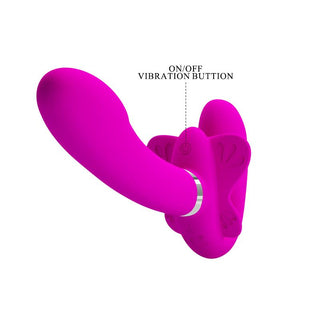 PrettyLove Valerie Strapon är en rosa silikonvibrator med fjärilsvingar, med en märkt på / av-vibrationsknapp och en bekväm unisexdesign.