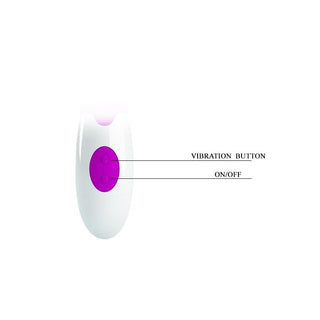 Kaninvibrator i vit och lila silikon med sidoknappar märkta för vibration och på/av-funktioner.