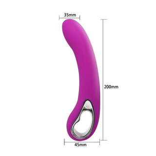 PrettyLove Elmer Pink silikonvibrator, böjd design med handtag, 200 mm längd, 35 mm bred spets och 45 mm brett handtag visas på vit bakgrund.