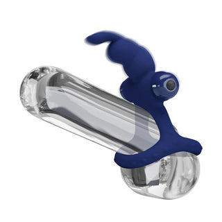 En blå kaninformad vibrerande kukring kallad "Kaninformad Cockring med Vibration" har en klar cylindrisk design och en rundad ände - skapad för delad njutning.