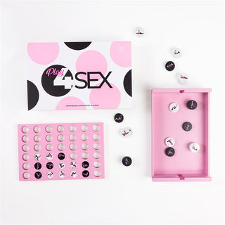 En rosa och svart Fyra i Rad Sexspel Play4Sex med spelpjäser och förpackning uppställda på en vit yta.