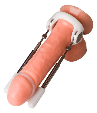 Jes-Extender Original Standard penile traction device, med metallstavar och vita plastkomponenter, visad på en vit bakgrund.