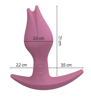 Den rosa silikonleksaken, inspirerad av Fun Factory Bootie Fem buttplug, har kronbladsmotiv och dimensioner på 2,9 cm, 2,2 cm, 3,5 cm och 7,1 cm - perfekt för anal njutning med elegans och funktionalitet.