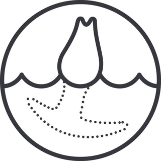 En enkel kontur av ett flytande huvud med en prickad linje undertill i en cirkel antyder subtilt det dolda nöjet med Fun Factory Bootie Fem, perfekt för dem som utforskar anal njutning.