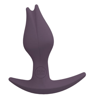 Utforska Fun Factory Bootie Fem, en lila silikon butt plug med en krökt bas och kronbladsliknande design på toppen, perfekt för ökad anal njutning.