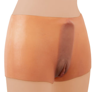 Realistiska Vaginapants är en silikonprotes med realistiskt utseende och detaljerade hudtoner, gjord av flytande silikon, som visas mot en vanlig bakgrund.