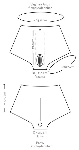 Diagram som visar måtten på Realistiska Vaginapants, ett bärbart plagg tillverkat av flytande silikon, med märkta sektioner för vagina och anus, som erbjuder flexibla dimensioner för ett realistiskt utseende.