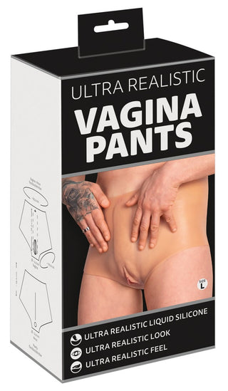 Box med Realistiska Vaginapants tillverkade av flytande silikon, med en handillustration.
