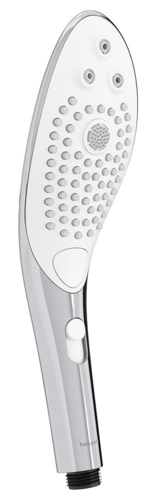 Det krom och vita handhållna handduschhuvudet Womanizer Wave har en vattenbesparande design med flera sprutmunstycken, som visar upp sin innovativa Pleasure Jet-teknik på en orörd vit bakgrund.