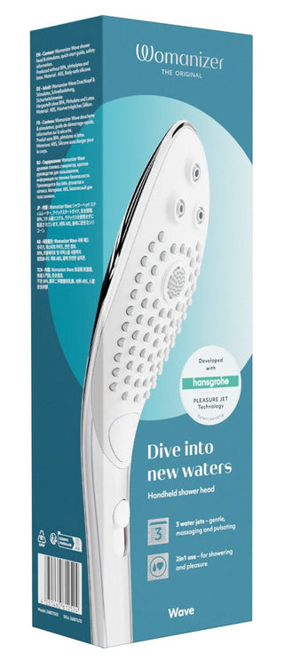 Womanizer Wave-duschhuvudet har innovativ Pleasure Jet-teknik, en elegant design för komfort och effektivitet och Hansgrohe-inspirerad vattenbesparande teknik för att förbättra din duschupplevelse.