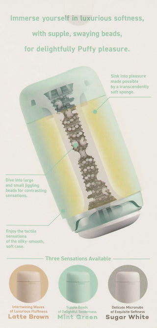 Diagram av Tenga Puffy Masturbator Mint Grön, en cylindrisk produkt med tre färgkodade sektioner märkta Latte Brown, Mint Green och Sugar White, som visar upp sin mjuka silikon-design och unika massagetexturer.