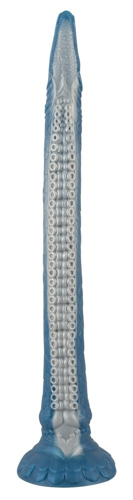 Ultra-Lång Tentakeldildo är en blå och grå hygienisk flytande silikondildo med en upprätt tentakelinspirerad design och platt bas.