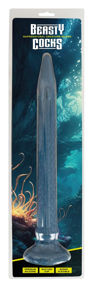 Ultra-Lång Tentakeldildo är en lång, blå dildo med en fantasiinspirerad tentakeldesign och fjällig textur, tillverkad av hygienisk flytande silikon och förpackad i en Beasty Cocks-låda.