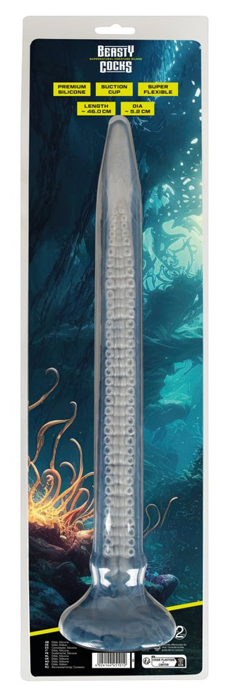 Ultra-Lång Tentakeldildo är en genomskinlig, extra lång böjlig dildo med en fantasisk tentakeldesign, tillverkad av hygienisk flytande silikon och förpackad med en undervattensfantasibakgrund.