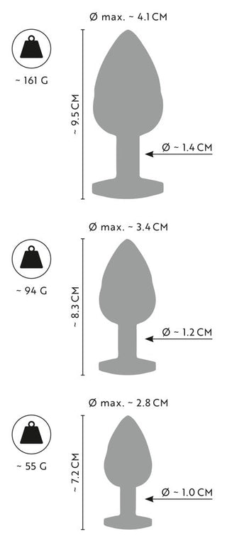 Illustration av Metall Butt Plug Set innehåller tre grå droppformade pluggar med dessa mått: 9,5cm/4,1cm/161g, 8,3cm/3,4cm/94g och 7,2cm/2,8cm/55g—idealiskt för att utforska temperaturspel.