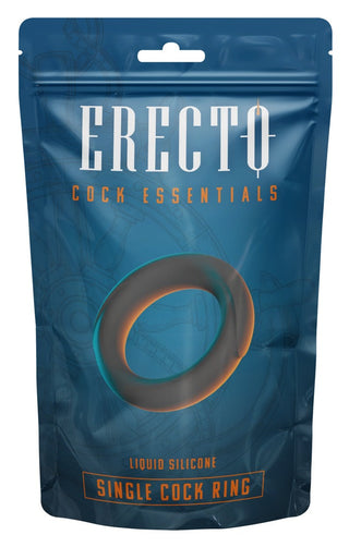 En blå förpackning märkt Erecto Single Cock Ring som innehåller en penisring av flytande silikon för förbättrad erektion.