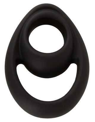 Erecto Cock & Ball Ring är en svart silikonring med en oval form och två öppningar, som visas ovanifrån på en vit bakgrund.